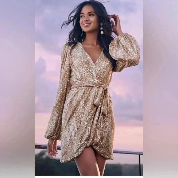 Venus Beige Sequin Cocktail Dress Faux Wrap Tan Metallic V-Neck Balloon Sleeves - Picture 3 of 17